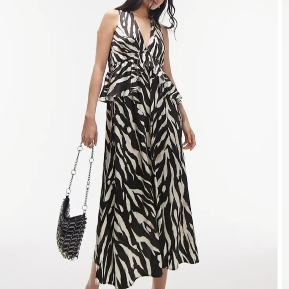Topshop Black And Cream Zebra-Print Halter Midi Dress